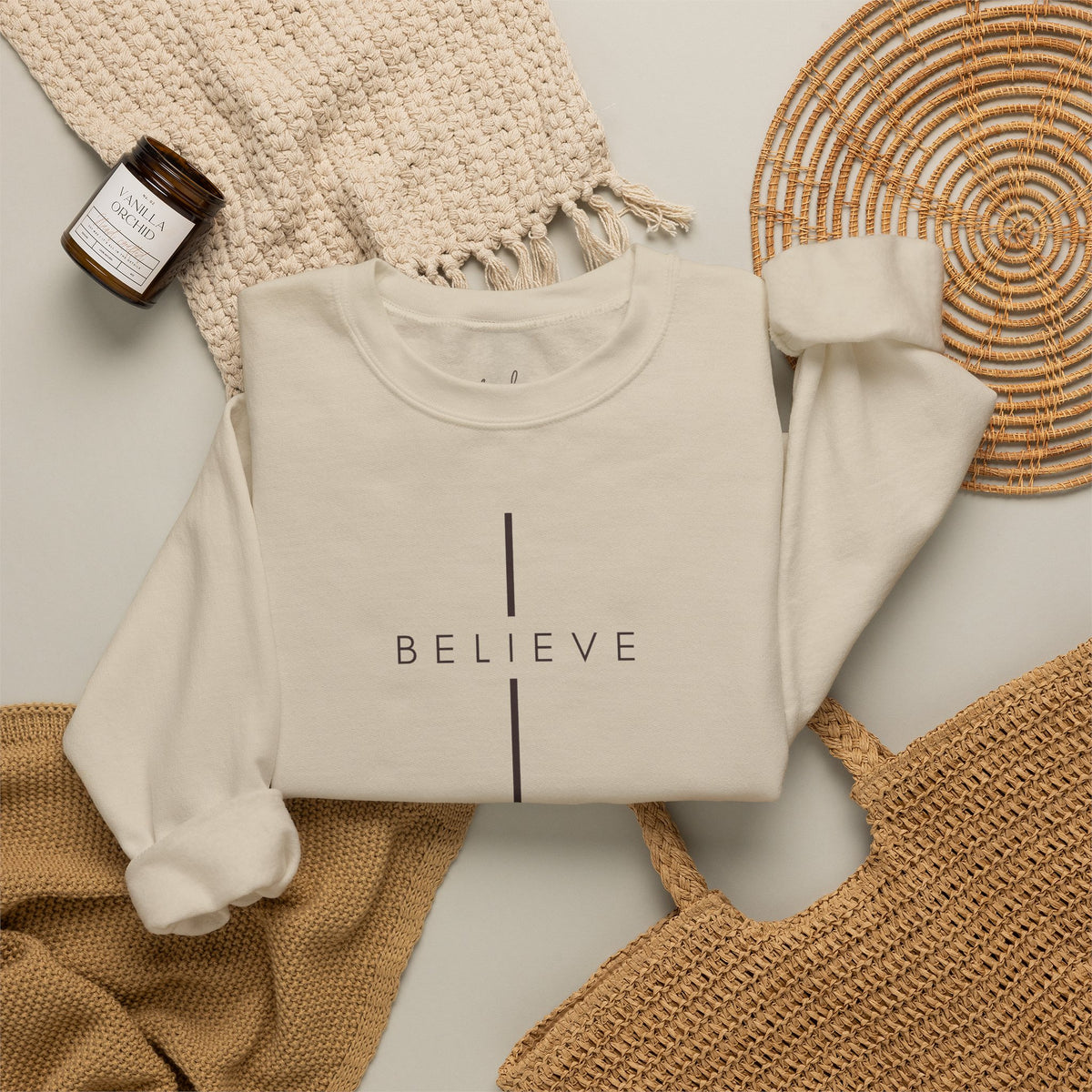 Believe Cross Christian Crewneck Sweatshirt | Premium Unisex Faith Pullover