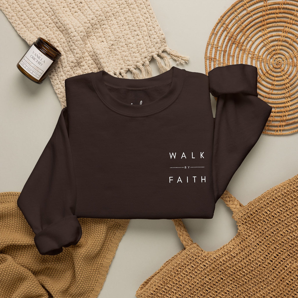 Walk by Faith Embroidered Christian Crewneck Sweatshirt | White Embroidery Premium Unisex Pullover