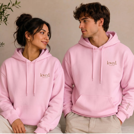 Embroidered Loved Romans 5:8 Christian Hoodie | Minimalist Bible Verse Pullover