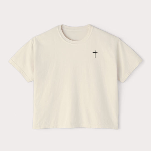 Psalm 23 Women's Boxy Tee — Minimal Cross Front, Bold 'PSALM 23' Back