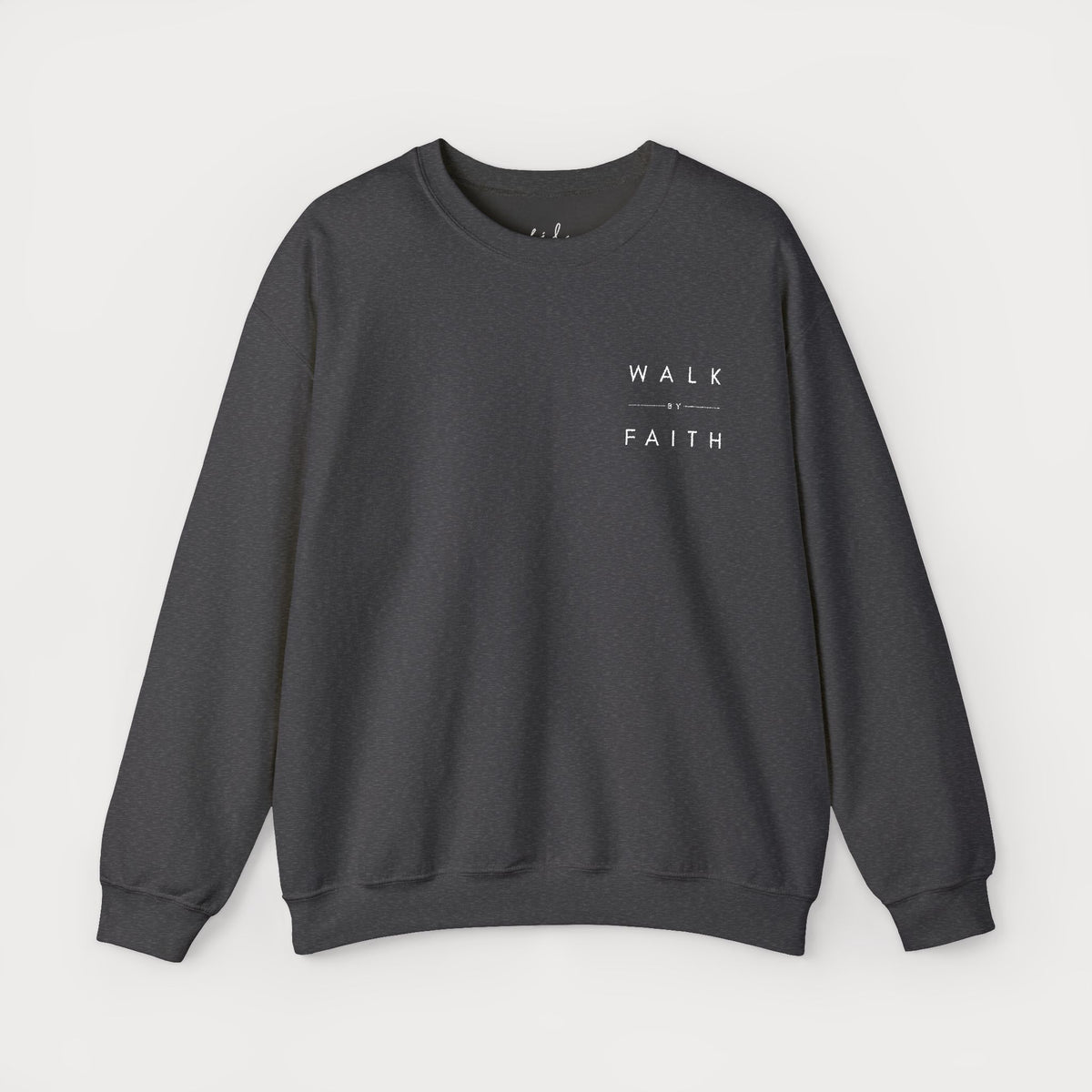 Walk by Faith Embroidered Christian Crewneck Sweatshirt | White Embroidery Premium Unisex Pullover